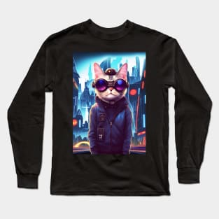 Cool Japanese Techno Cat In Future World Japan Neon City Long Sleeve T-Shirt